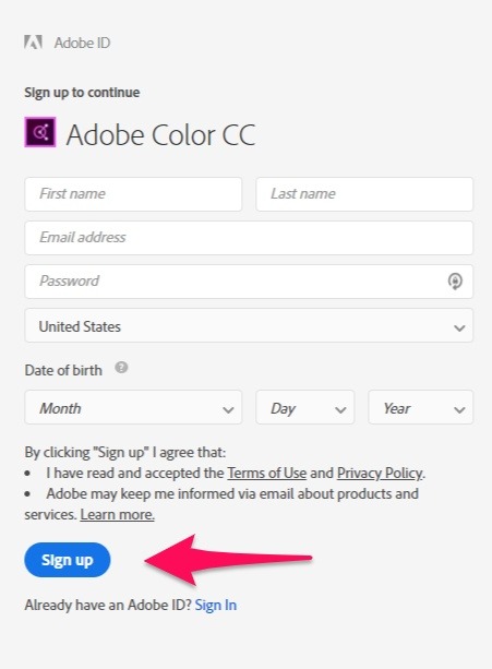 signup adobe color CC