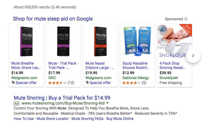 quick Google search for an anti-snoring product with the typical rich product snippets