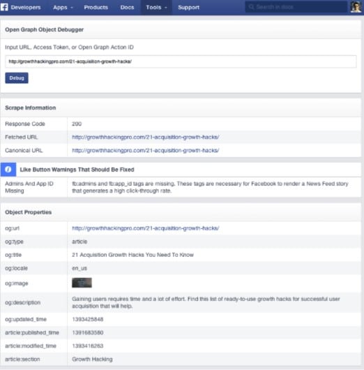 Facebook Object Debugger open graph meta tags