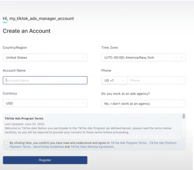 TikTok Ads Manager Input Business Details to Create Account