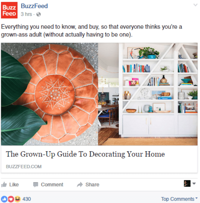 Buzzfeed promotes an enticing blog on Facebook as content marketing strategy